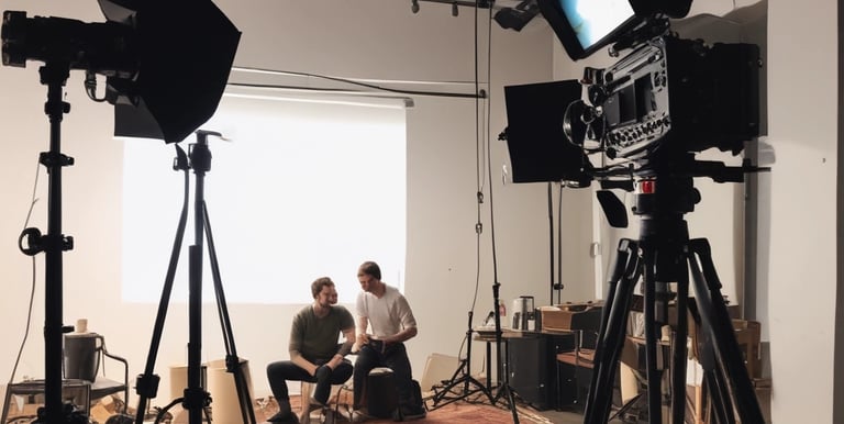 A behind-the-scenes shot of a video shoot with a camera and lighting setup.