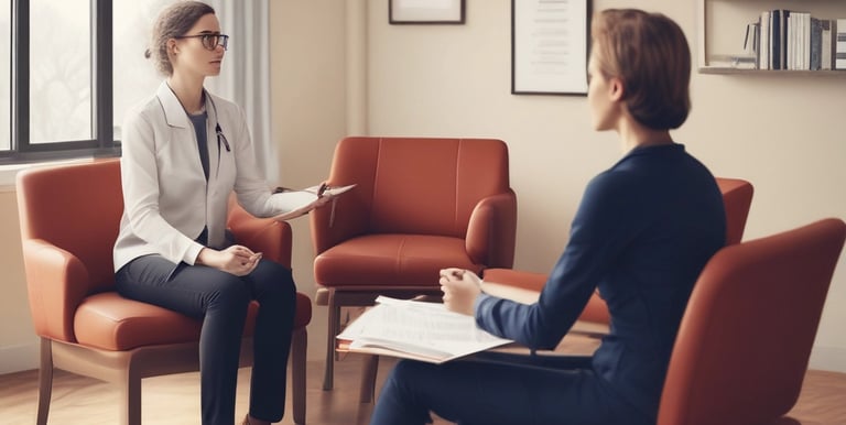 A serene therapy room with calming blue tones and comfortable seating.