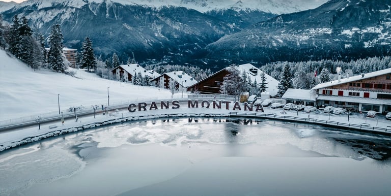 Panoramic winter view of Crans-Montana ski resort in Switzerland