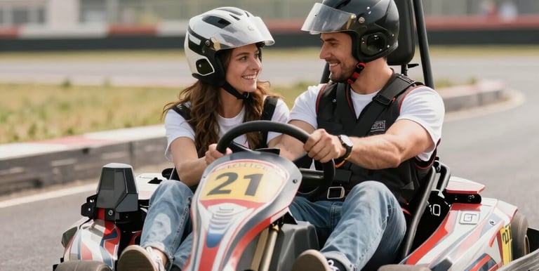 A joyful couple enjoying a ride together in a two-seater gokart under clear blue skies.