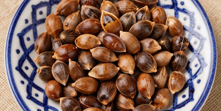 Close-up of fresh argan nuts and vibrant Moroccan flowers on rustic wooden table.