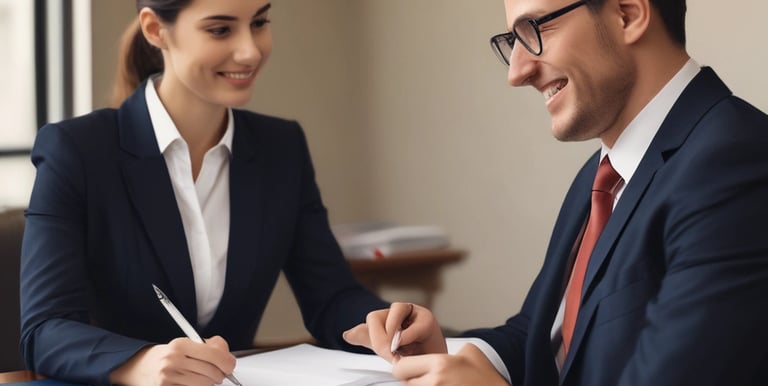 Professional lawyer consulting with client in a modern office setting. The imag