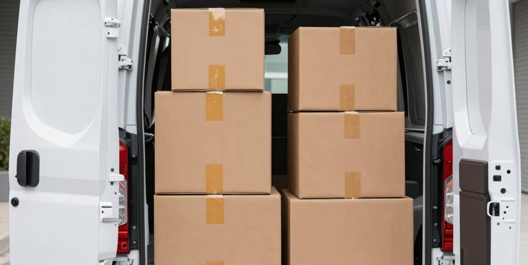 Delivery van driving through a cityscape representing tri-state area coverage.