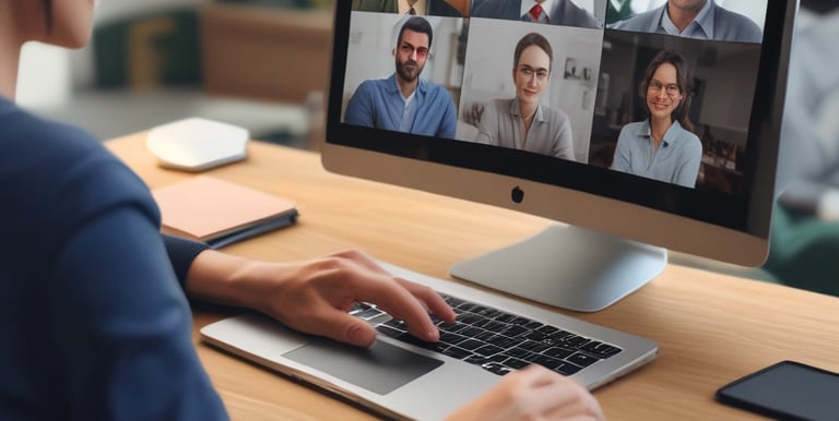 A professional woman using a laptop with notes and a cup of coffee nearby in a cozy workspace.