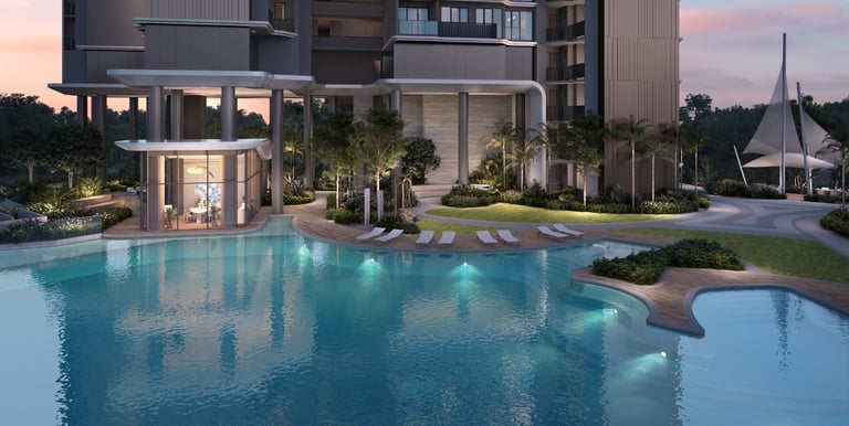 Luxury modern condominium featuring a resort-style swimming pool and landscaped gardens at sunset.