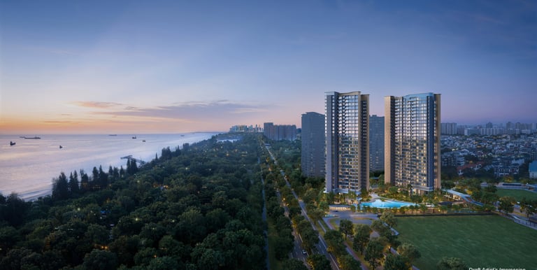 Luxury high-rise residential apartments at sunset overlooking a coastal park and ocean skyline.