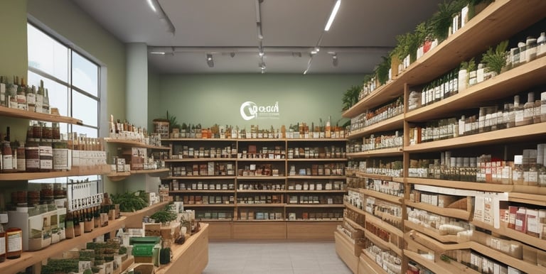 A cozy market stall displaying various natural products like teas, oils, and honey jars.