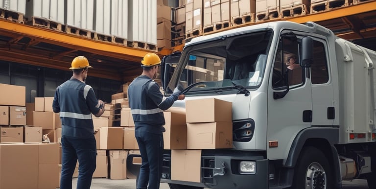 Team organizing pallets neatly in a storage area with safety gear.