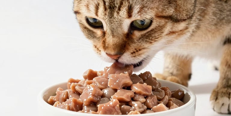 Happy cat eating moist fresh food, showing vitality and good health at home.