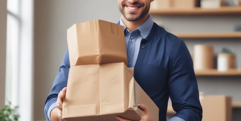 A customer happily placing an online pizza order on a smartphone.