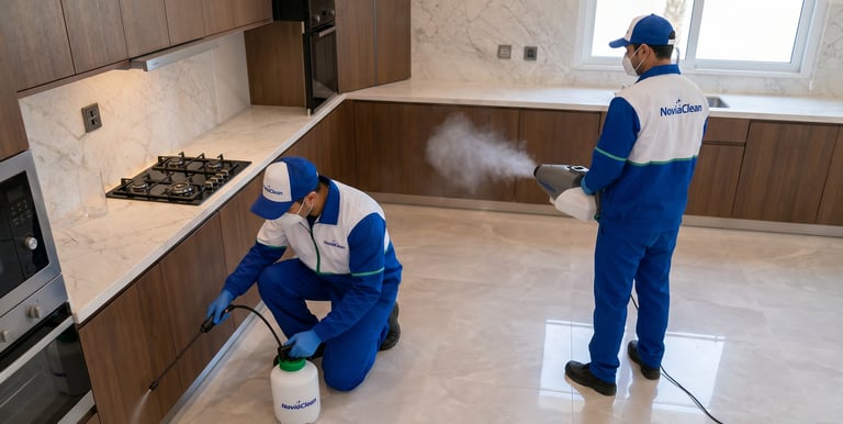 فني NoviaClean بزي موحّد يحمل شعار الشركة ينفذ مكافحة حشرات في جدة بمواد آمنة