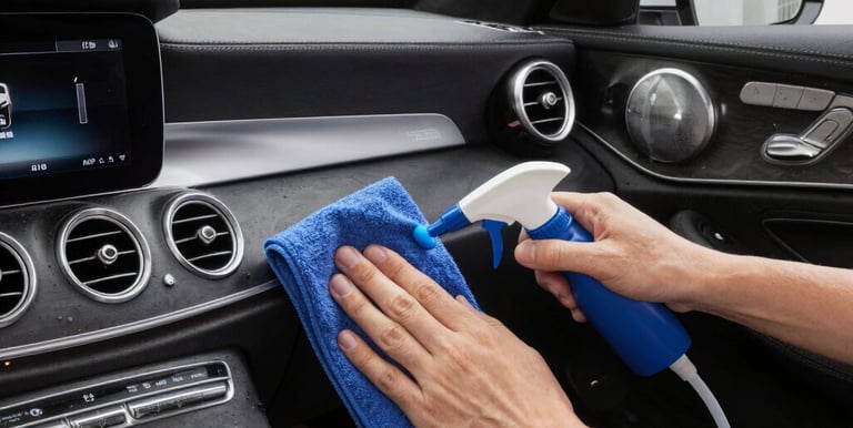 Technician carefully cleaning the interior leather seats of a premium SUV with specialized tools.