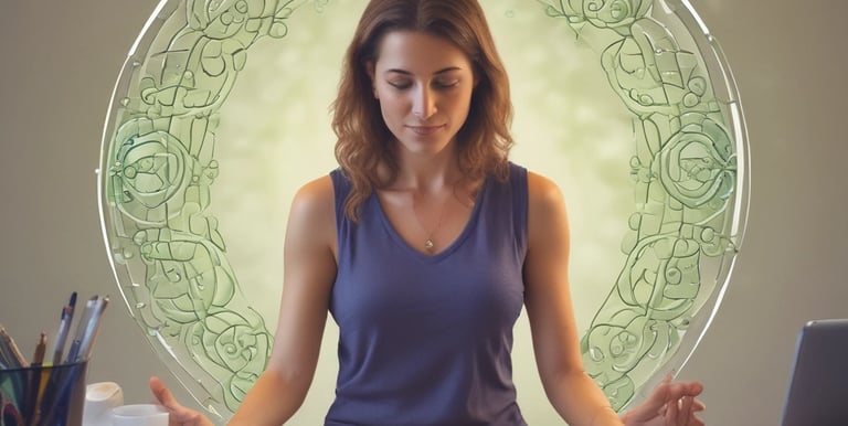 A friendly consultant speaking via video call, surrounded by calming green and beige tones.