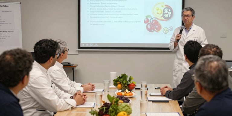 Elegant academic conference room with international participants discussing gastronutrition.