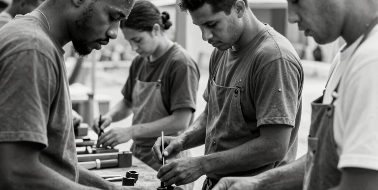 A group of African American adults engaged in hands-on skilled trades training in a workshop setting.
