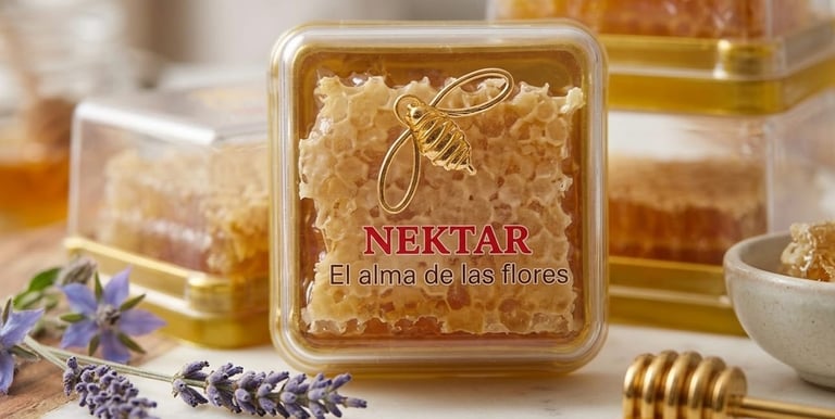 Raw Nektar honeycomb in clear packaging with a gold honey bee icon, lavender, and a honey dipper.