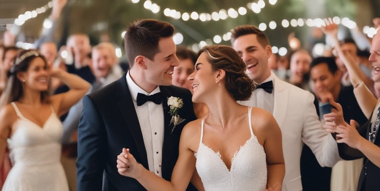 A romantic outdoor wedding setup with soft fairy lights and elegant floral arrangements.