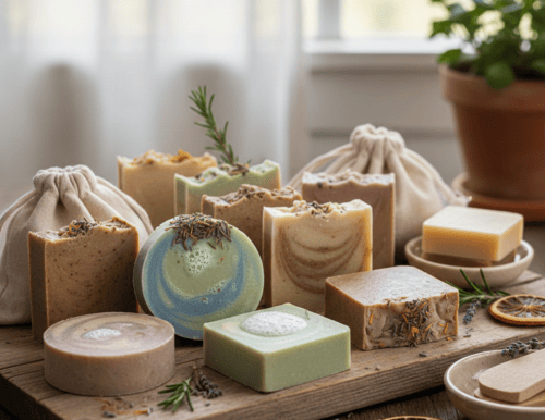 Handmade organic soap bars with natural ingredients and herbs on a rustic wooden board.