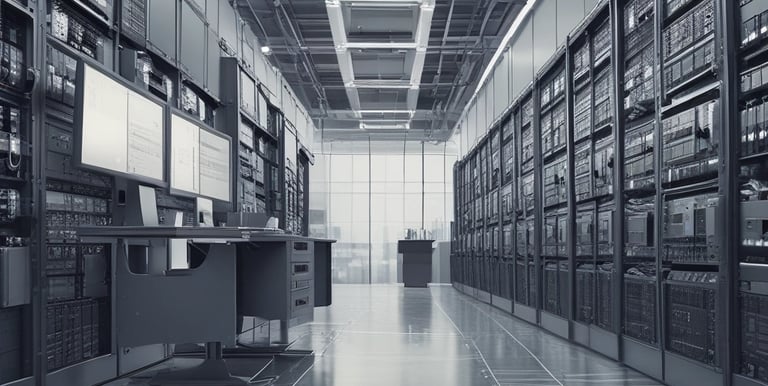 A sleek office workspace with multiple monitors displaying code and project timelines.