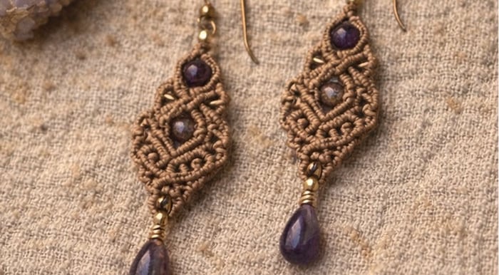 Pendientes boho de macramé hechos a mano, con piedras preciosas de amatista y un intrincado trabajo