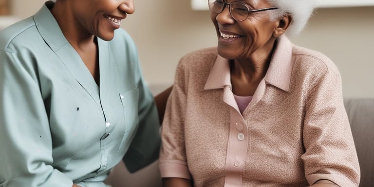 A friendly caregiver assisting a resident in a sunlit kitchen space.