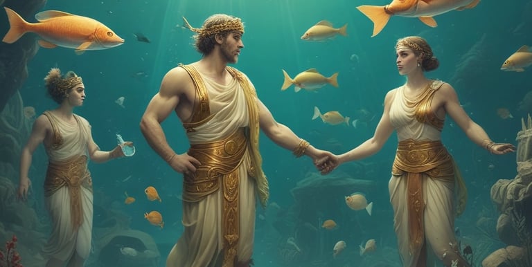 Young people dressed in elegant Atlantis-inspired costumes enjoying a festive evening.