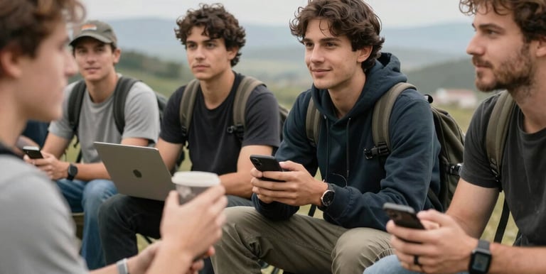 A vibrant collage showing travel and tech influencers interacting with their engaged audiences outdoors and digitally.
