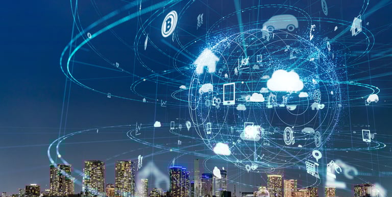 Digital global network over a smart city skyline with IoT icons and data connection lines.