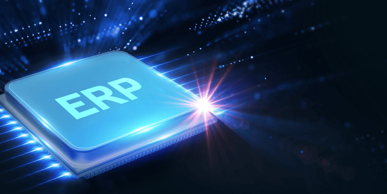 A glowing blue computer chip featuring the ERP acronym to represent enterprise resource planning software technology.