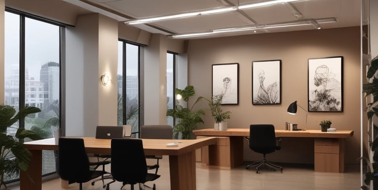Sleek office space illuminated with carefully placed ambient and task lighting.