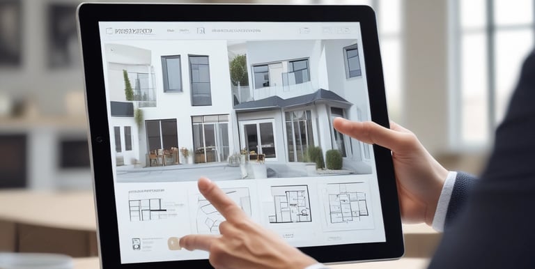 A friendly real estate agent showing property options to a couple in a bright office.