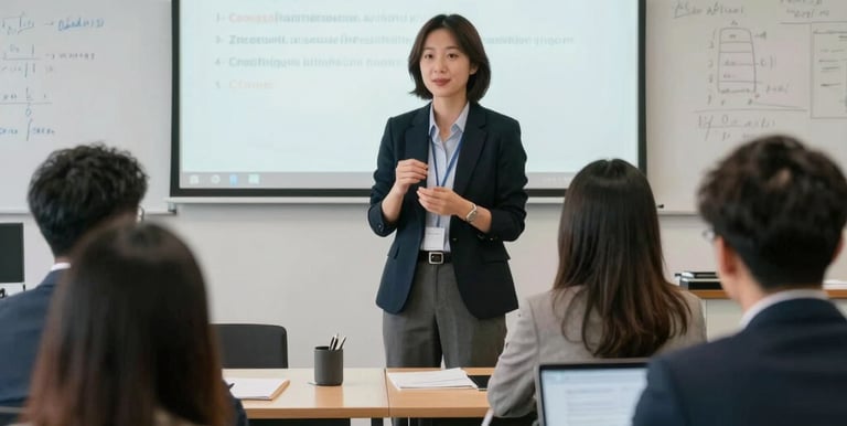 Elegant classroom setting with a teacher guiding a small group in Mandarin lessons, gold accents visible.