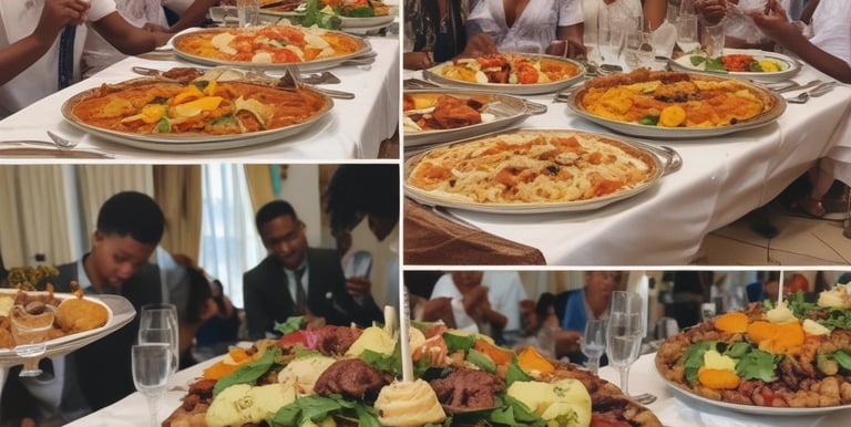 A vibrant spread of traditional African dishes beautifully arranged for a wedding reception.