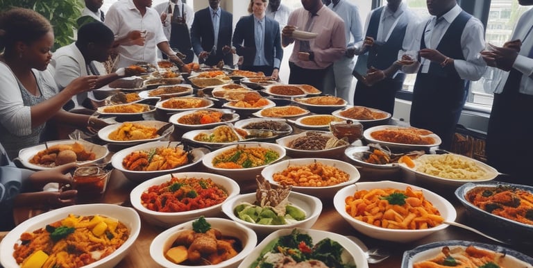 A chef serving flavorful African cuisine at an office event, with colorful decorations in the background.