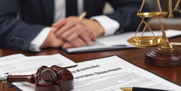 A professional lawyer discussing real estate contracts with clients in a modern office.