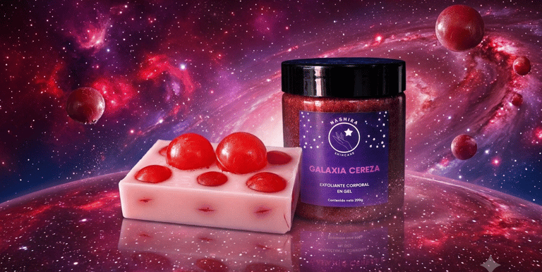 Set de exfoliante corporal y jabón artesanal «Galaxia Cereza» sobre un fondo de galaxia cósmica.