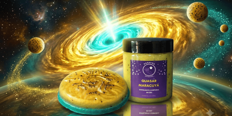 Set de jabón y gel exfoliante corporal Quasar Maracuyá sobre un fondo de galaxia cósmica.