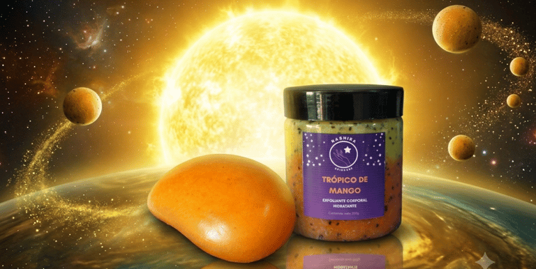 Tarro de exfoliante corporal de mango tropical y jabón de mango flotando en el espacio cósmico junto a un sol brillante.