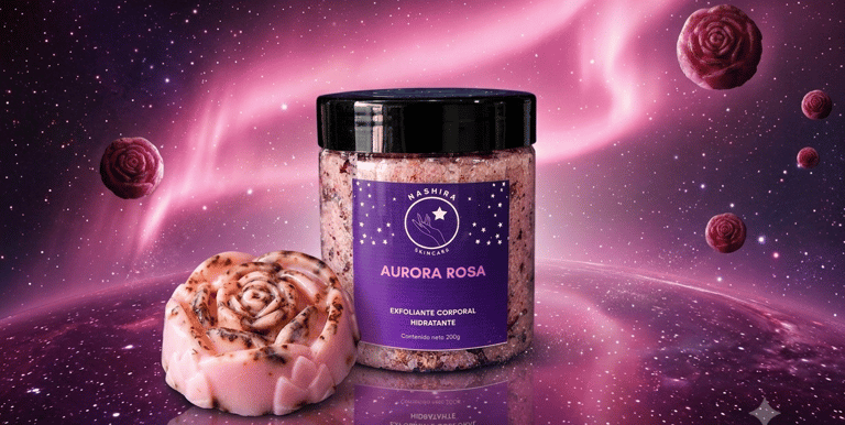 Tarro de exfoliante corporal hidratante Aurora Rosa y jabón con forma de rosa, sobre un fondo de galaxia rosa celestial.
