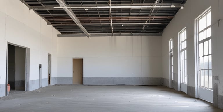 Empty warehouse interior after seismic retrofit and LED high-bay lighting upgrade – McKnight 