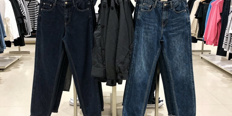A sleek display of men's fashion outfits featuring modern cuts and neutral tones.