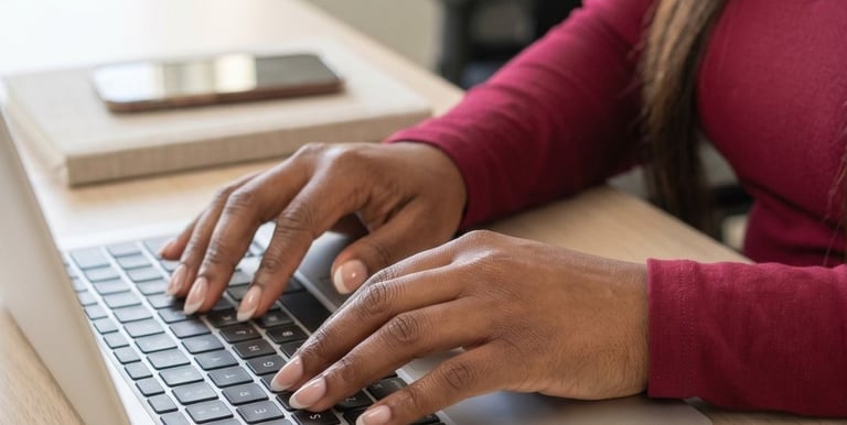 Hands using a laptop to create digital products for a beauty business