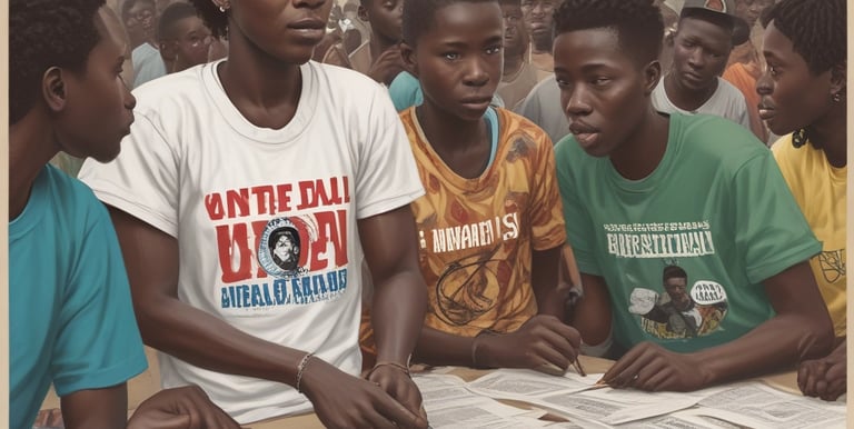 Young Liberian men and women collaborating in a leadership training session outdoors.