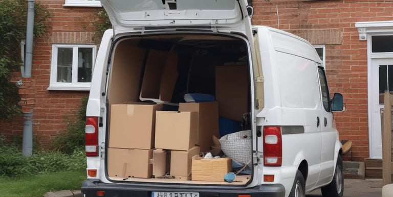 A friendly team loading furniture and boxes into a clearance van outside a cozy Loftus home.