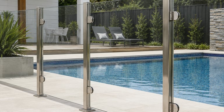Modern frameless glass pool fencing with stainless steel posts around a backyard swimming pool.