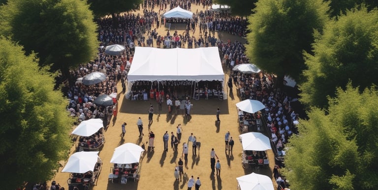 Drone capturing aerial footage of a lively outdoor event.