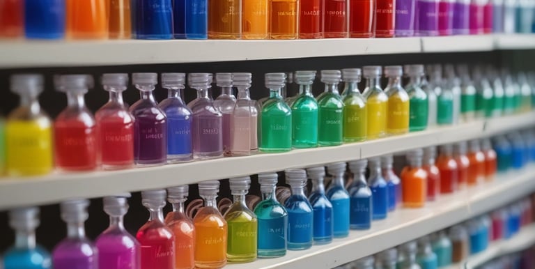 Close-up of colorful chemical reagents in glass containers arranged neatly on a lab bench.