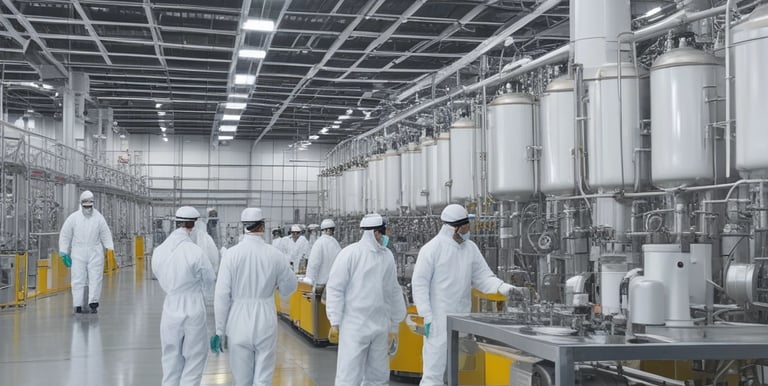Photo of a clean, modern chemical manufacturing facility with workers in protective gear.
