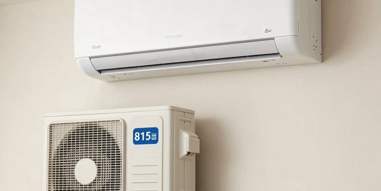 Technician installing a modern air conditioning unit in a bright living room.