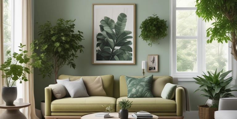 A serene, tidy living room with sunlight streaming through large windows.